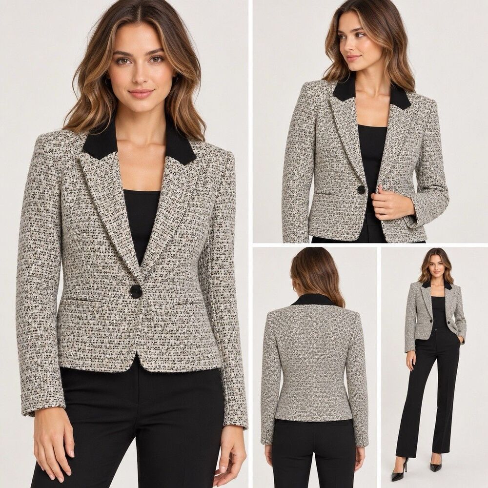 Antonio Melani Blazer 6 Women Black Tweed Single Breasted Preppy